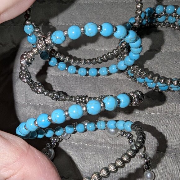 $1 with Bundle ~ Turquoise & Pearl Beaded Coil Bracelet Set 5198 - Picture 4 of 5